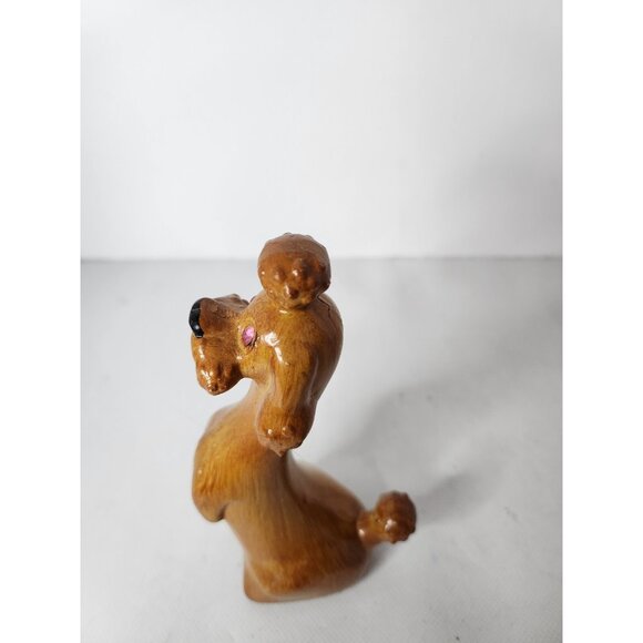 Vintage Hand Carved Wood Poodle Dog Figurine Statue Pink Eyes Mid Century Modern - Picture 3 of 10